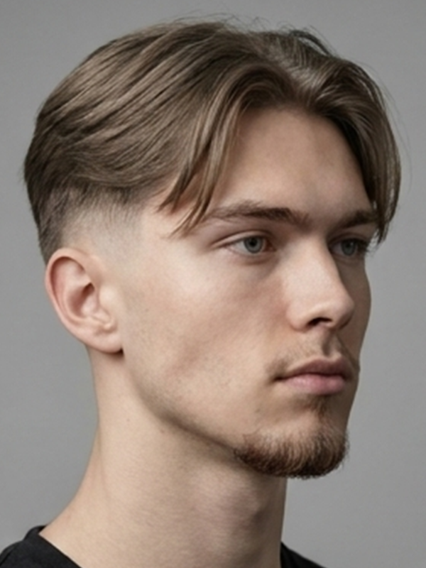 Curtains clásicos con raya central en un hombre de pelo castaño liso