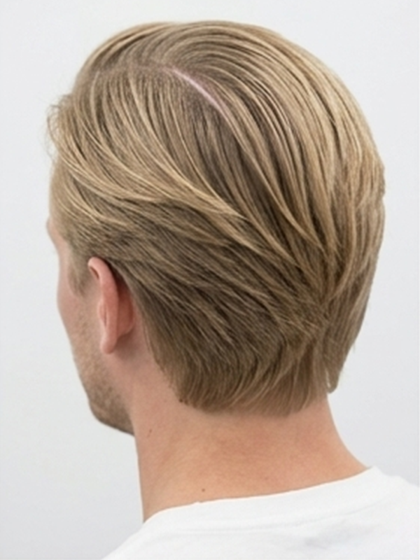Slick back clásico con raya central marcada y brillo