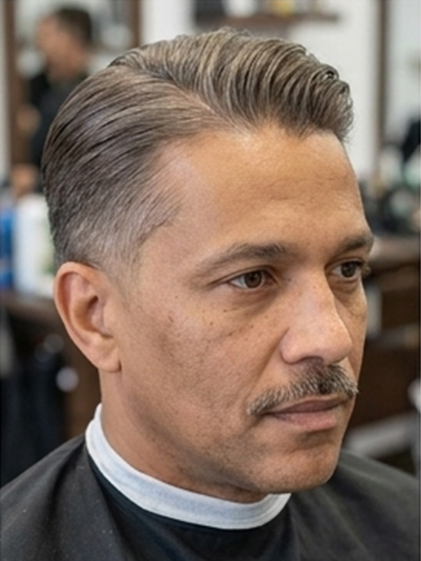 Slick back con raya central en un hombre con barba
