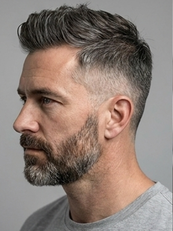 Quiff más bajo y ancho en una cara alargada