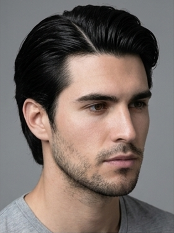 Middle part mate en un hombre de pelo liso y oscuro
