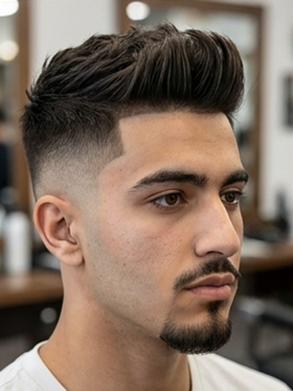 Quiff con skin fade marcado en los laterales