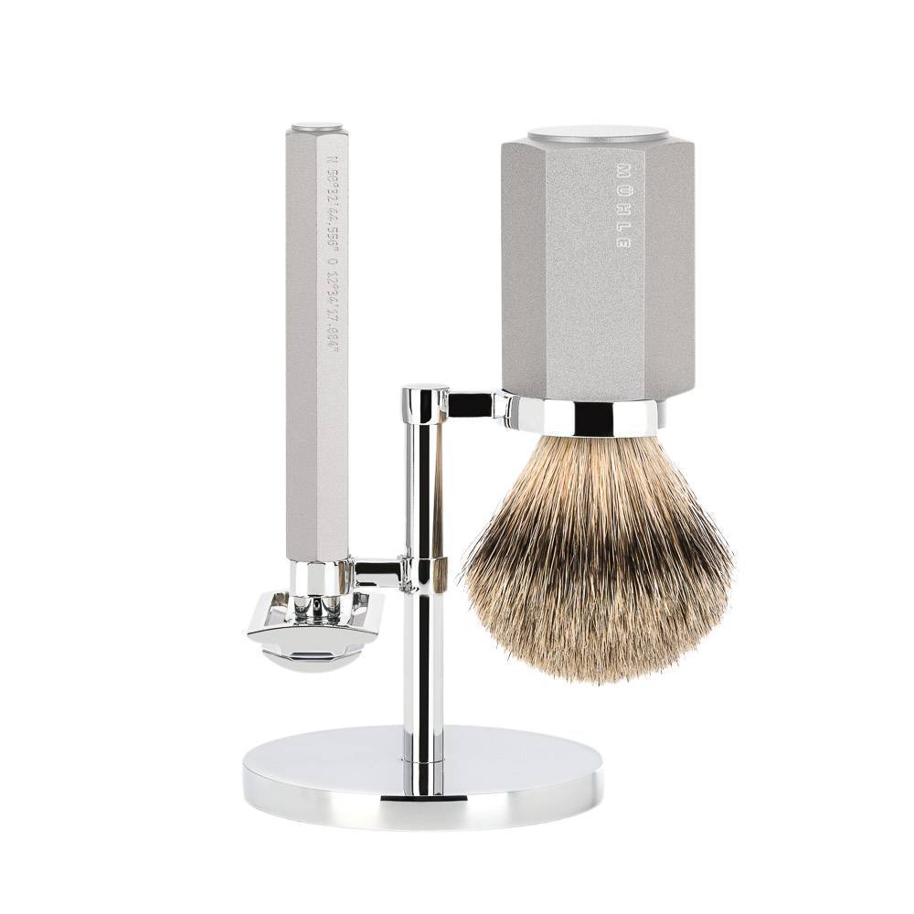 Set de Afeitado Hexágono - Plata Gris - Navaja de Seguridad - Dashaar